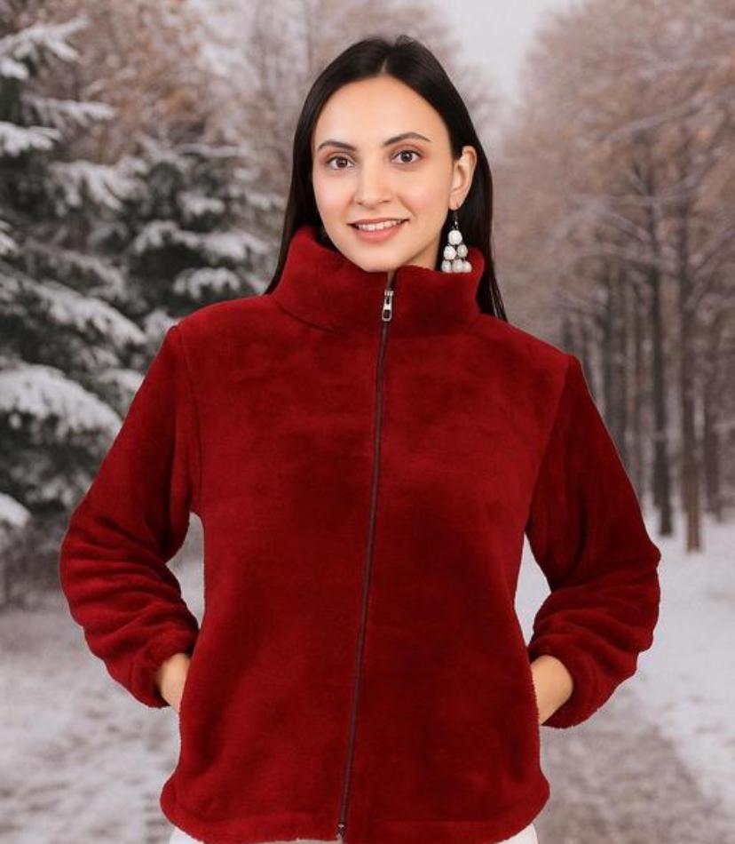 Girls Choke Neck Furry Zip Jacket - Winter Wear