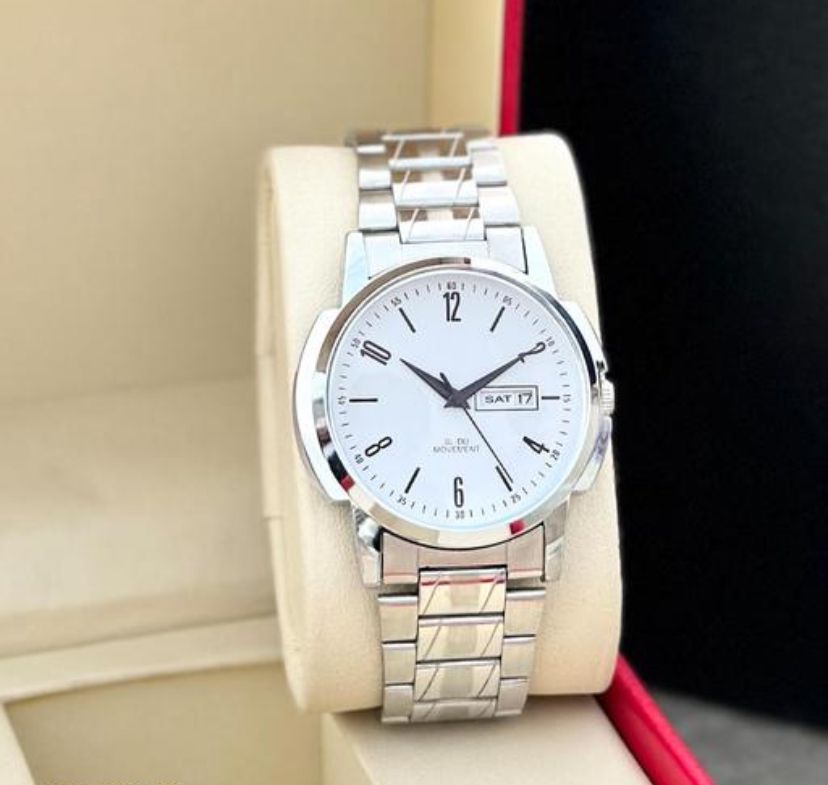 Luxury Date Functioning HMTS Quartz Analog Wrist Watch For Men Luxury White Coated Dial | Stainless Steal Chain