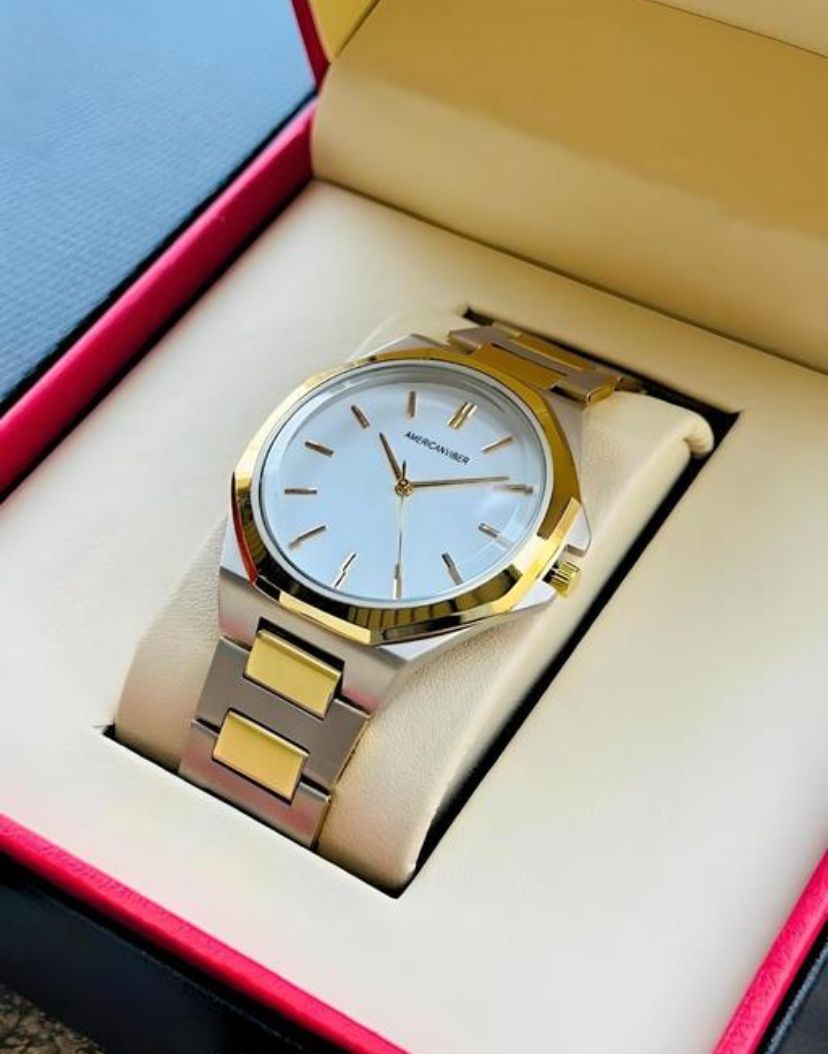 OLD MONEY luxury White Dial Silver Gold Strap Analog Date Watch For Men & Boys