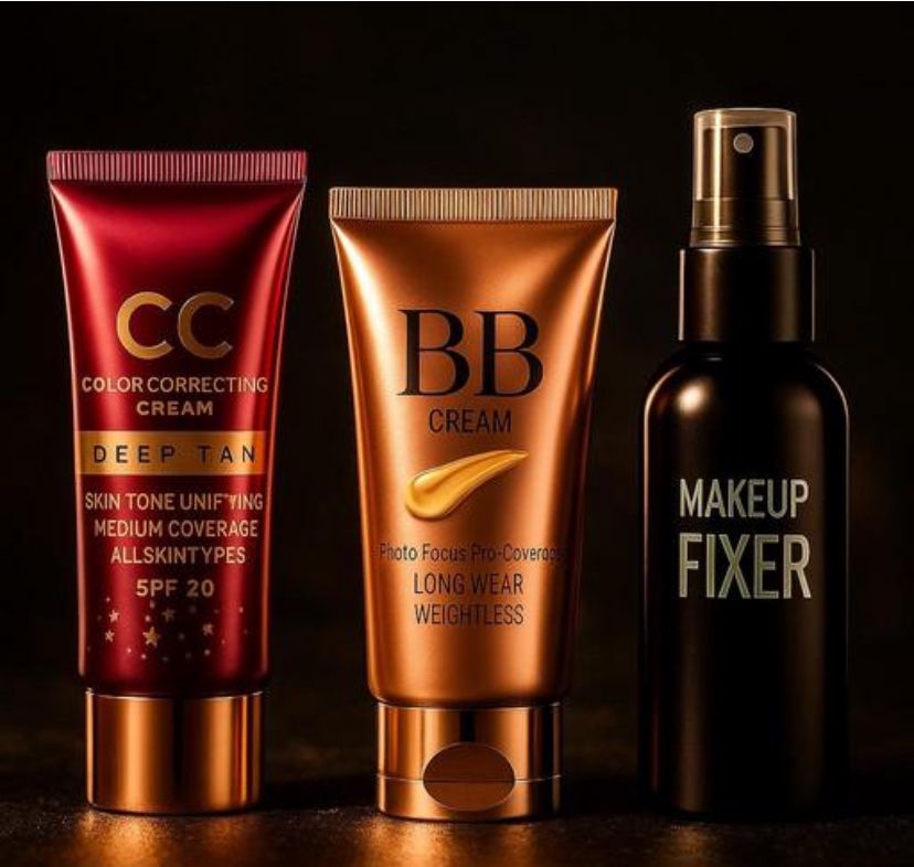 Professional Face Base Makeup Kit-Deep Tan CC Cream , Lightweight BB Cream & Long-Stay Makeup Fixer for a Flawless, Natural, and Camera-Ready Look