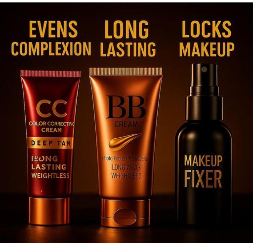 Professional Face Base Makeup Kit-Deep Tan CC Cream , Lightweight BB Cream & Long-Stay Makeup Fixer for a Flawless, Natural, and Camera-Ready Look