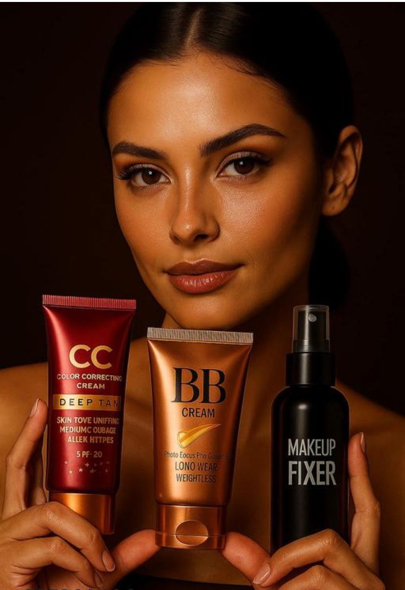 Professional Face Base Makeup Kit-Deep Tan CC Cream , Lightweight BB Cream & Long-Stay Makeup Fixer for a Flawless, Natural, and Camera-Ready Look