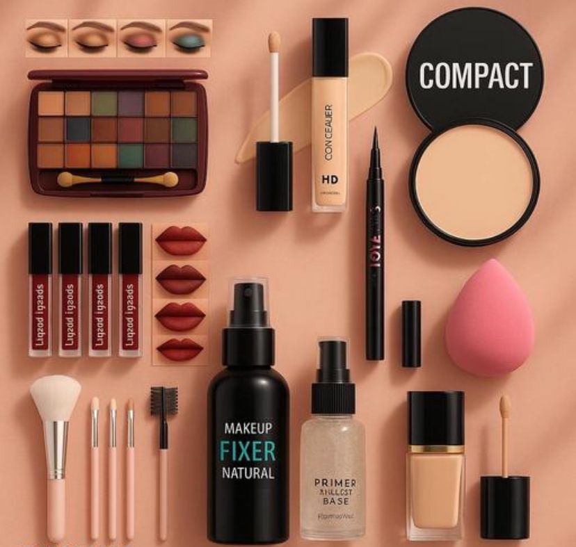 Combo Pack Of Matte Mini Red Edition Lipstick 4, Eyeshadow, 5Pc Makeup Brush,36H Eyeliner, PUFF, Primer,Fixer,Compact,Foundation,Concealer(Pack of 10pcs)