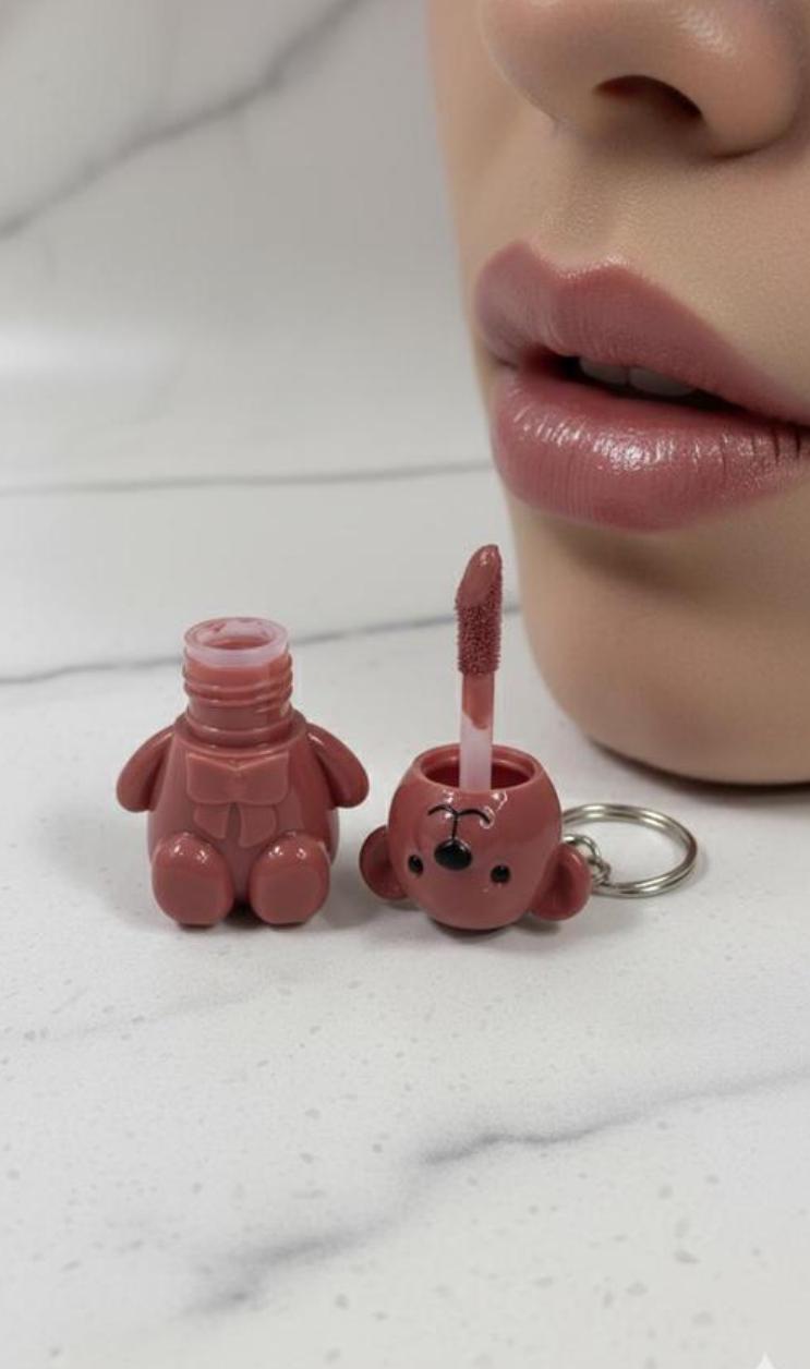 Adorable Teddy Bear Lip Gloss Keyring Nude Purple
