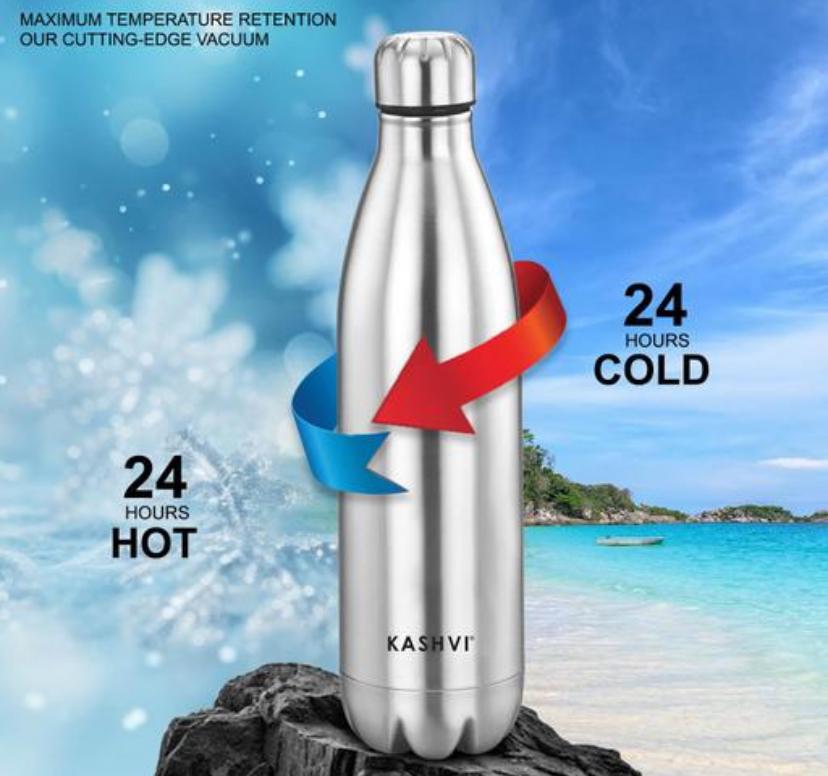 Kashvi Cookware Chillmax 1000 ml Cola Shape Stainless Steel Vacuum Insulated Water Bottle | 24 Hours Cold & 20 Hours Hot | Leak-Proof | Premium Silver Finish