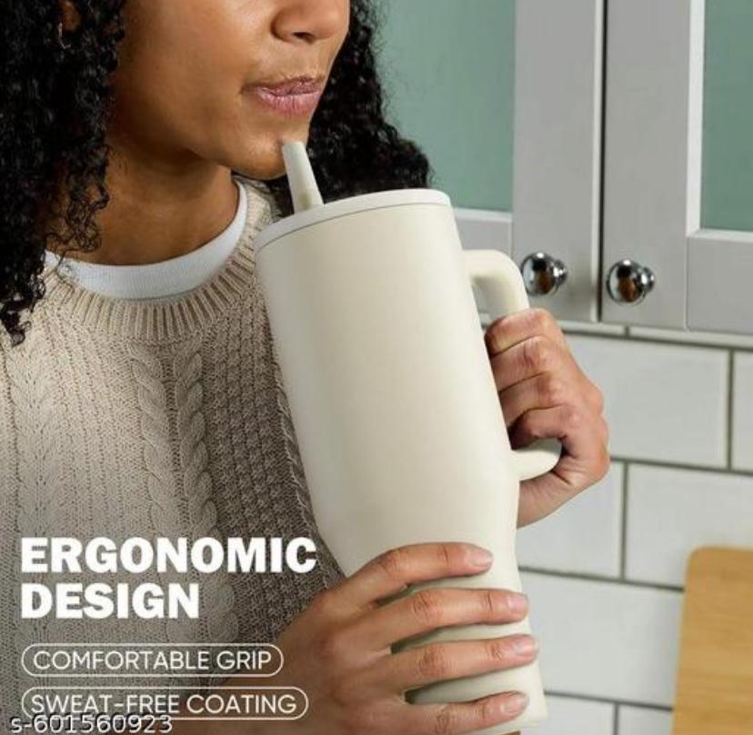 LAZYwindow Insulated Stainless Steel Tumbler 1200ml | Hot & Cold Thermos Cup with Straw & Spill-Proof Lid (Off White)