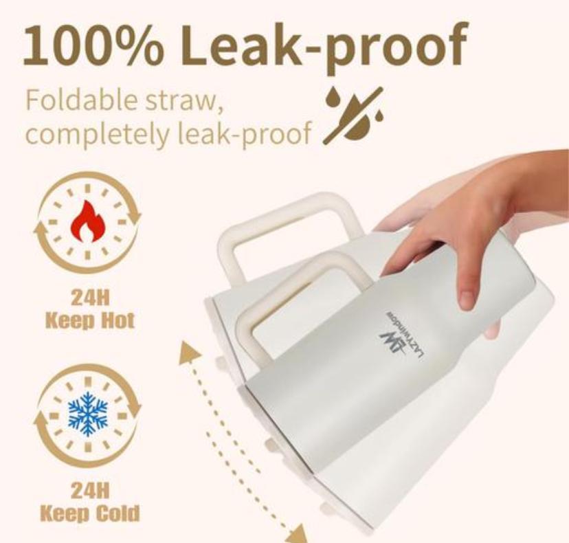 LAZYwindow Insulated Stainless Steel Tumbler 1200ml | Hot & Cold Thermos Cup with Straw & Spill-Proof Lid (Off White)