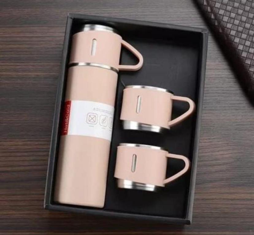 New Stainless Steel Vacuum Insulated Bottle Water Flask Gift Set with Two Cups Hot or Cold | Vacuum Flask Set with 2+1 Cups | 500 ML