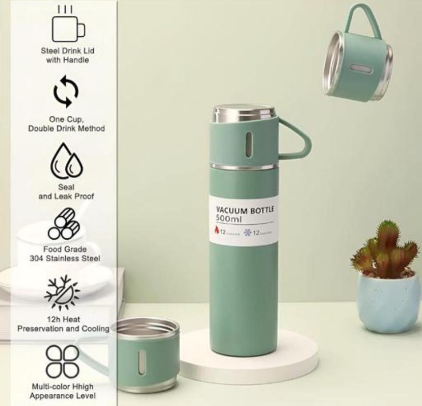 New Stainless Steel Vacuum Insulated Bottle Water Flask Gift Set with Two Cups Hot or Cold | Vacuum Flask Set with 2+1 Cups | 500 ML