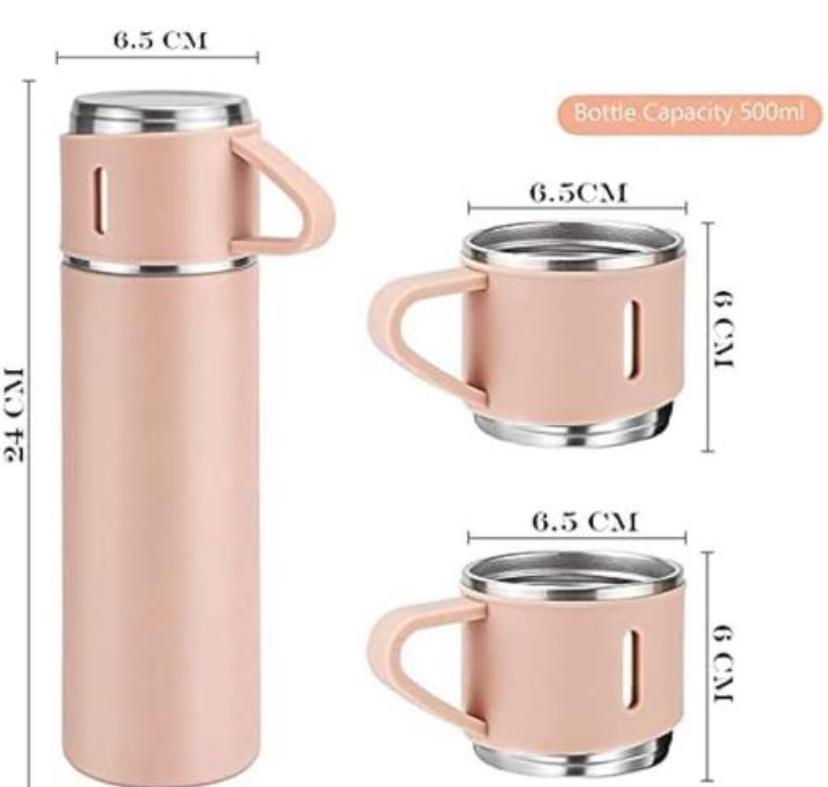 New Stainless Steel Vacuum Insulated Bottle Water Flask Gift Set with Two Cups Hot or Cold | Vacuum Flask Set with 2+1 Cups | 500 ML