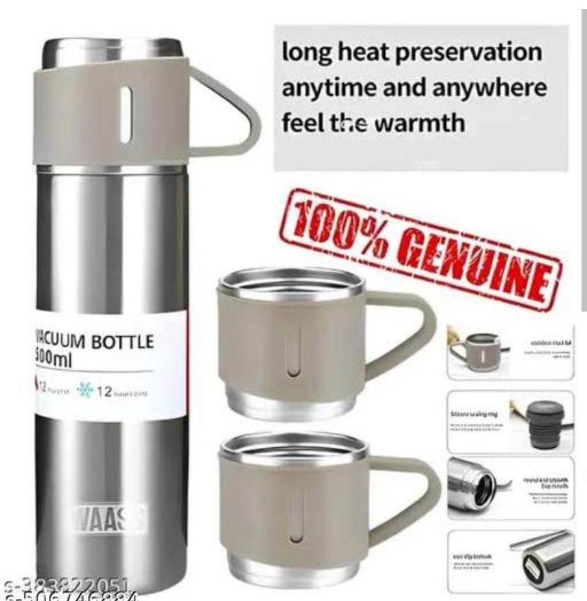New Stainless Steel Vacuum Insulated Bottle Water Flask Gift Set with Two Cups Hot or Cold | Vacuum Flask Set with 2+1 Cups | 500 ML