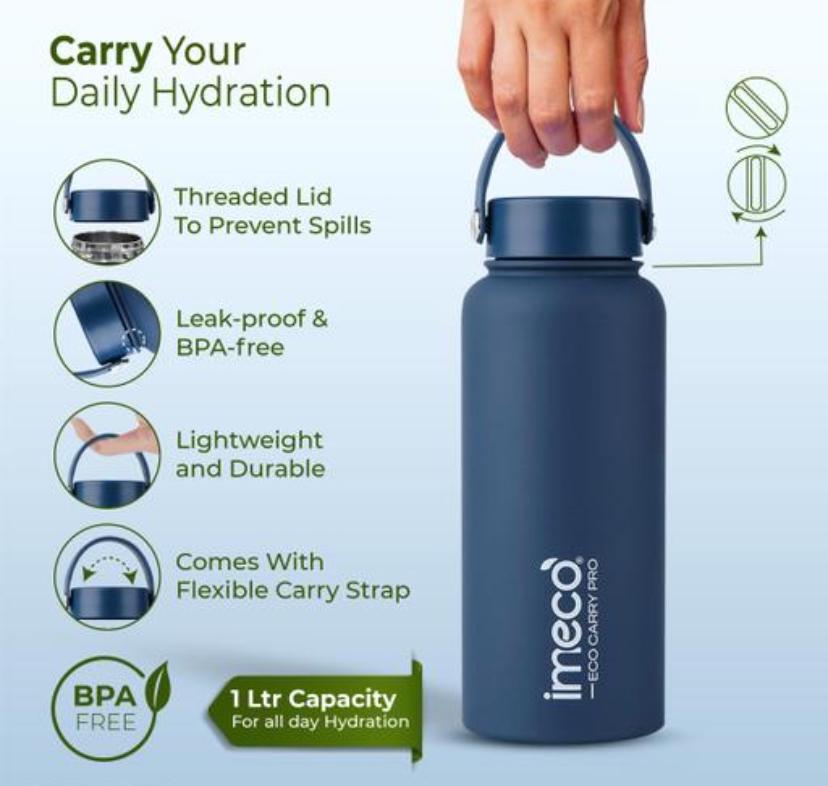 IMECO ECO CARRY PRO stainless Steel | Water Bottel - Matte Finish | 1 L