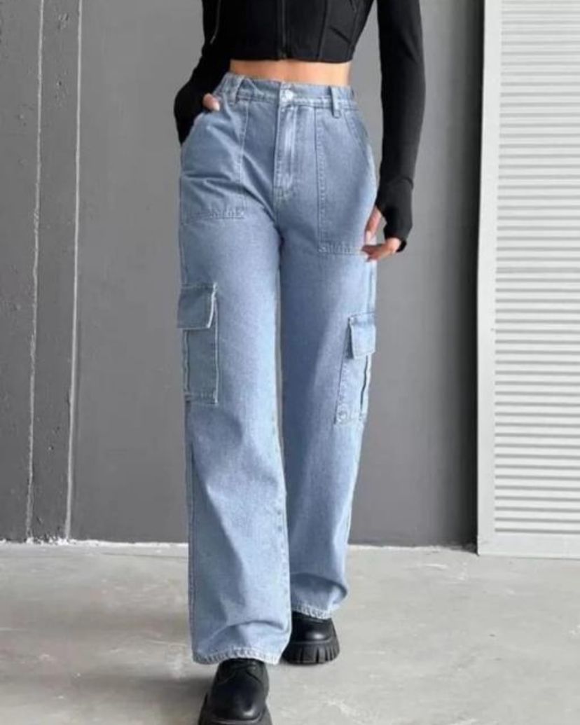 Women Cargo Blue Denim Ladies Jeans