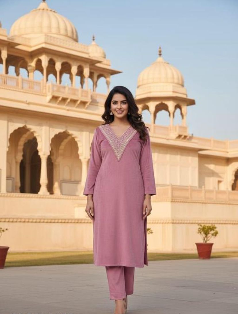 Pink woolen velvet kurti set women and girls embroidery v neck kurti set special winter