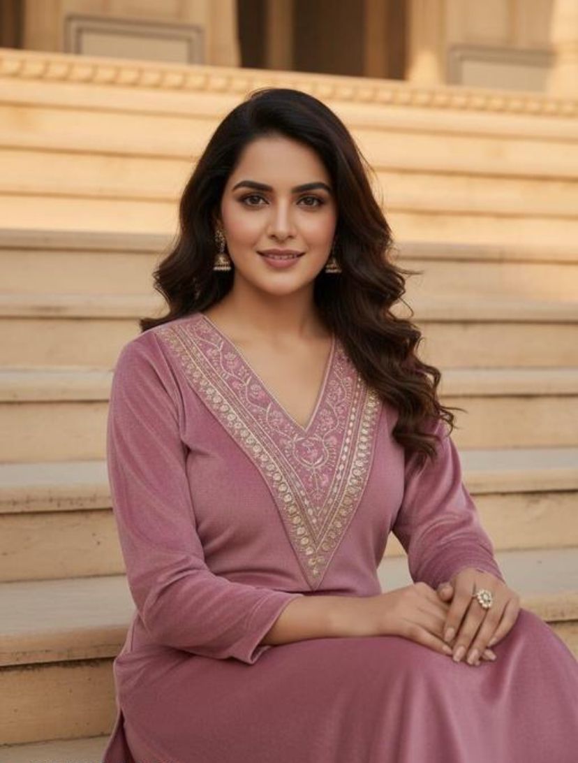 Pink woolen velvet kurti set women and girls embroidery v neck kurti set special winter