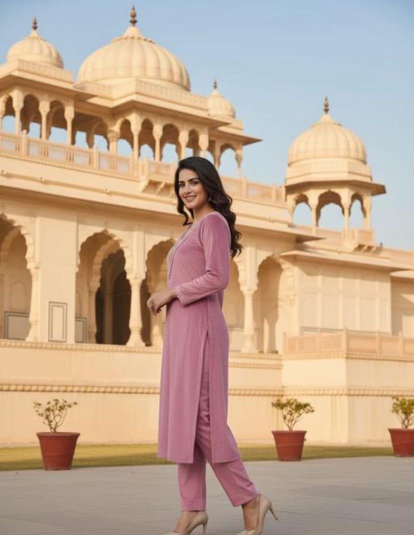 Pink woolen velvet kurti set women and girls embroidery v neck kurti set special winter