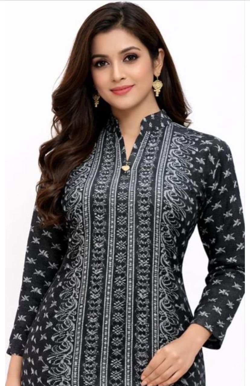 Woolen kurti for Women Black Printed Straight Kurti
