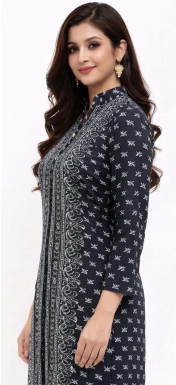 Woolen kurti for Women Black Printed Straight Kurti