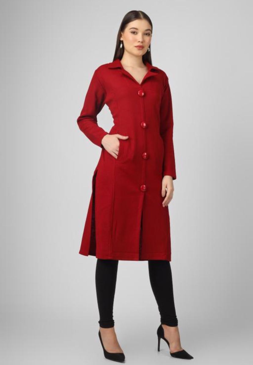 Blushh Collection For Women's Solid A-line Mandarin Maroon Kurtis