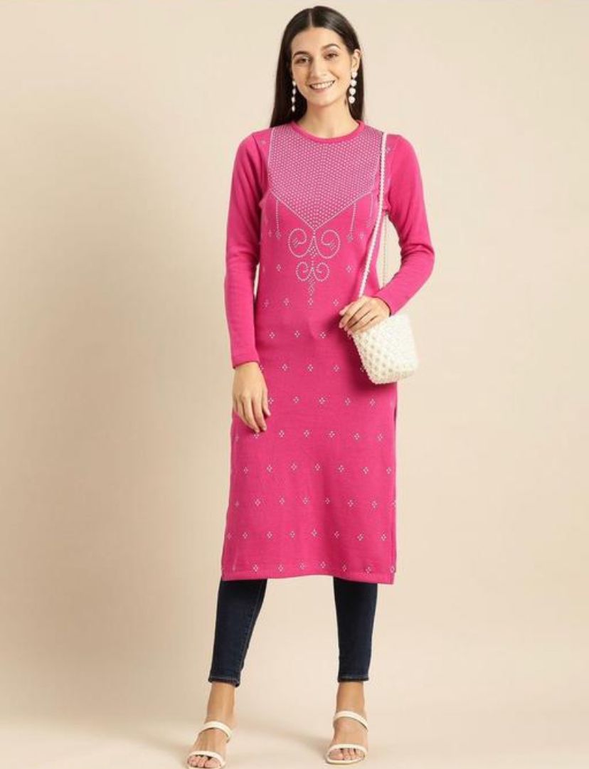Winter Wear Woolen Kurti With Hand Block Print