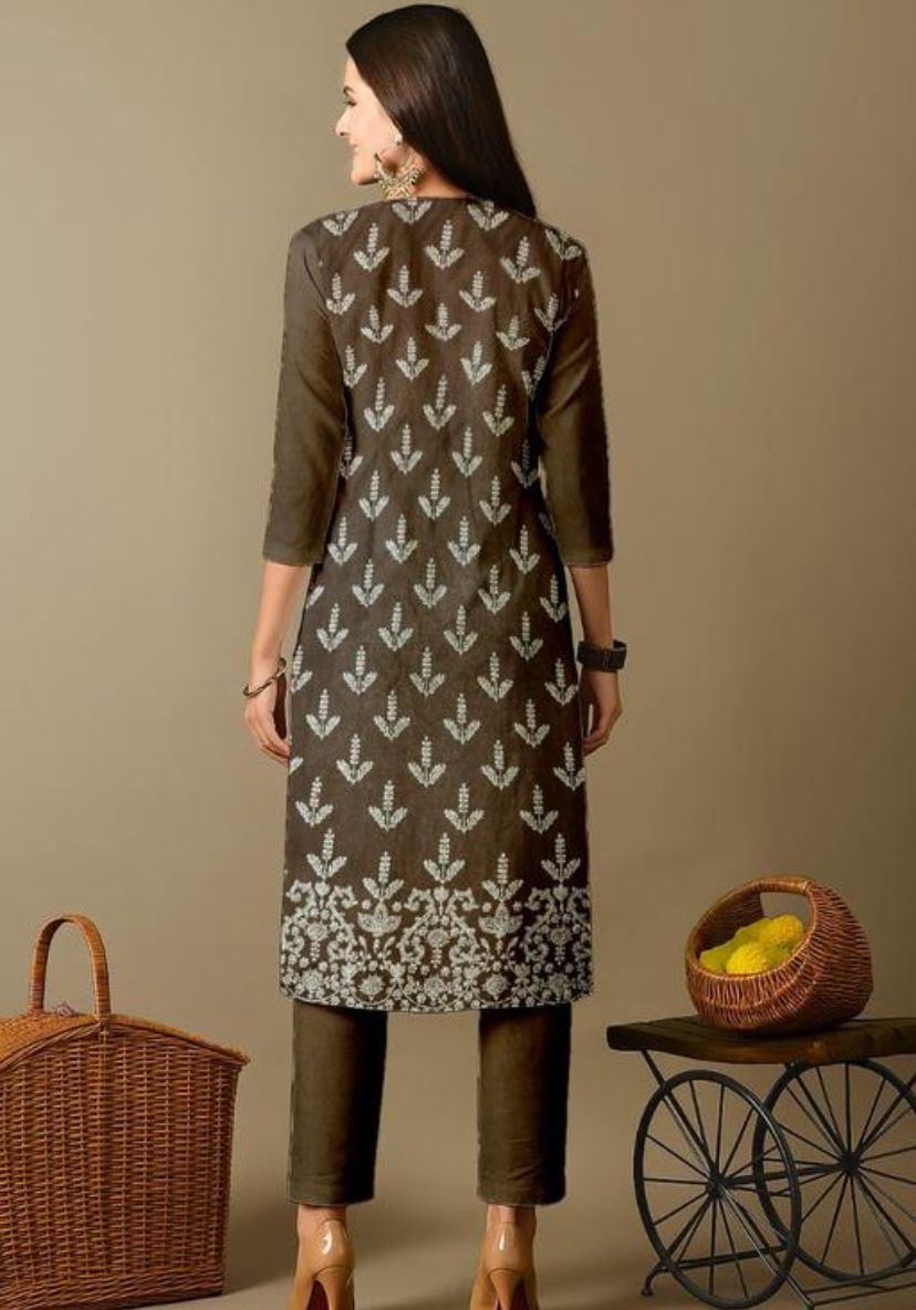 Brown Wool Long Kurti with Bottomwear for Winter