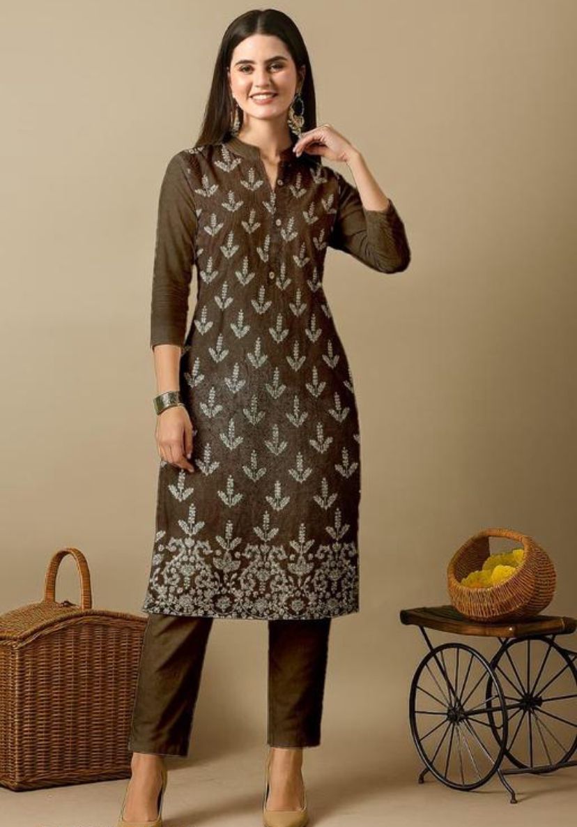 Brown Wool Long Kurti with Bottomwear for Winter