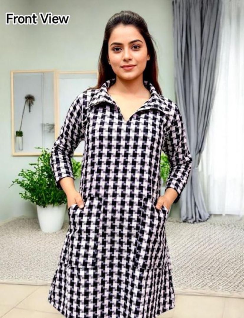 Winter Black & White Checkered Collar Neck Kurti with Pockets