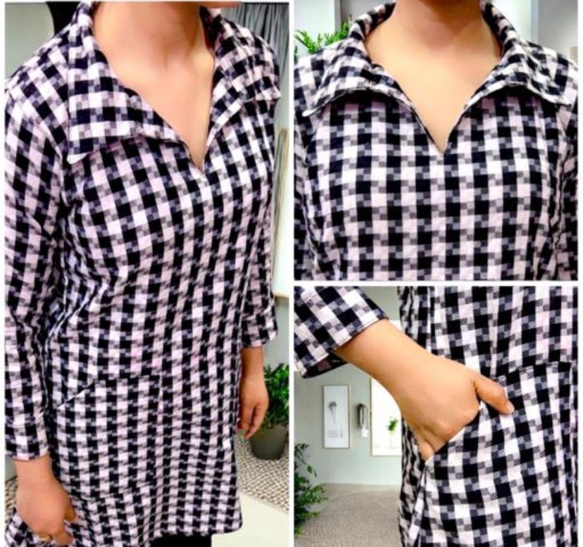 Winter Black & White Checkered Collar Neck Kurti with Pockets