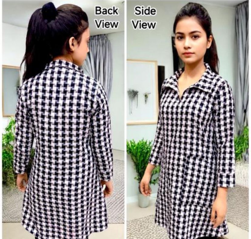 Winter Black & White Checkered Collar Neck Kurti with Pockets