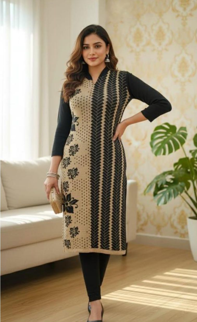 Women's Brown & Black Woolen kurta with Floral and Chevron Design