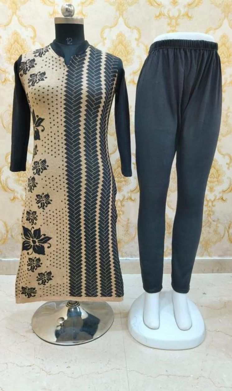 Women's Brown & Black Woolen kurta with Floral and Chevron Design