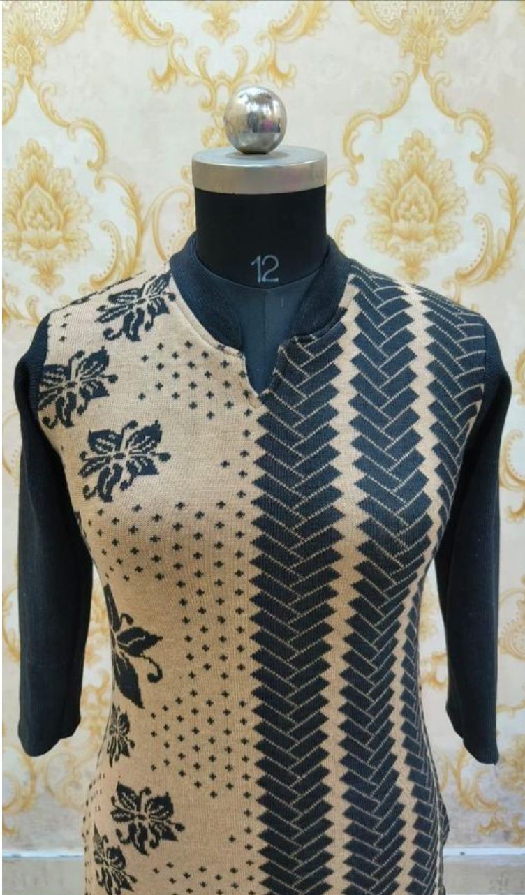 Women's Brown & Black Woolen kurta with Floral and Chevron Design