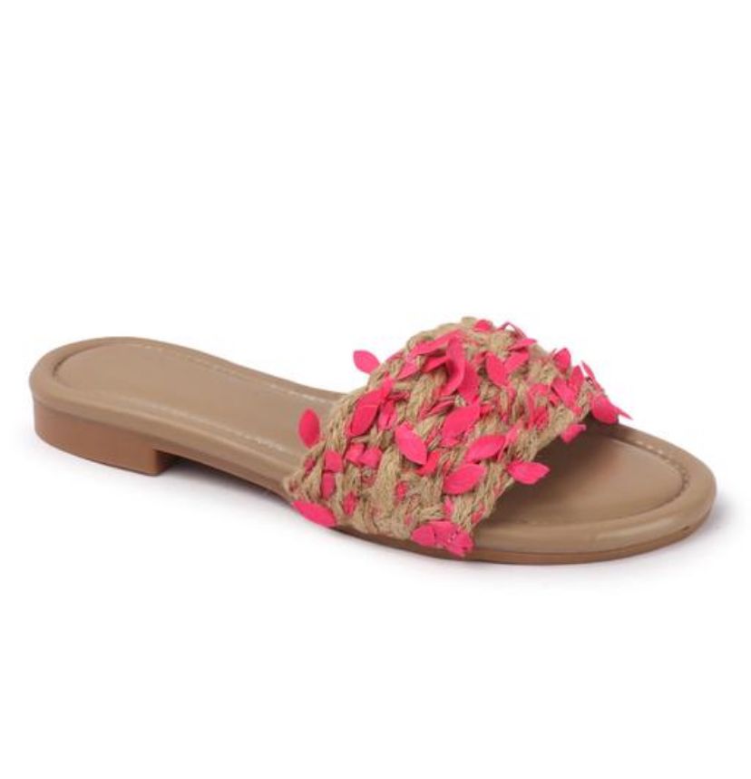 Women Wear Casual Summer Footwear Open-Toe Tan Slide Sandals Featuring a pink-Tipped Raphia Upper Flat Sandal