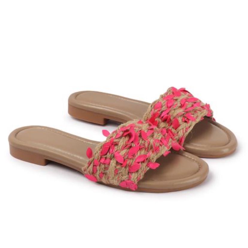Women Wear Casual Summer Footwear Open-Toe Tan Slide Sandals Featuring a pink-Tipped Raphia Upper Flat Sandal