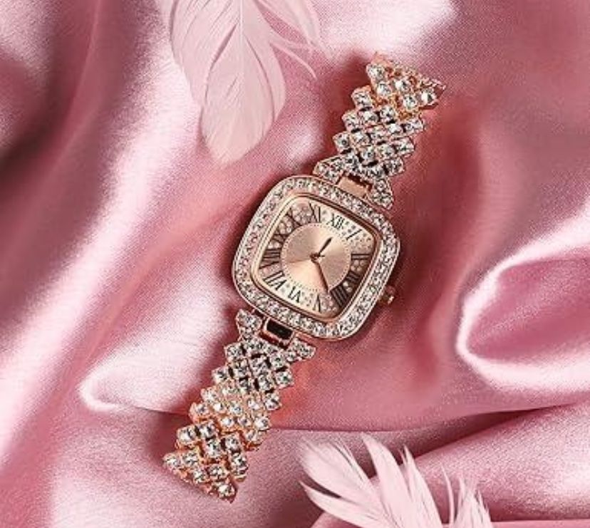 Square Diamond Studded Women's Analog Dial Stainless Steel Strap Quartz Movement Wrist Watch