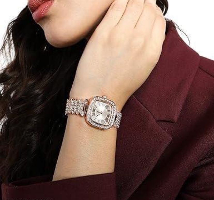 Square Diamond Studded Women's Analog Dial Stainless Steel Strap Quartz Movement Wrist Watch