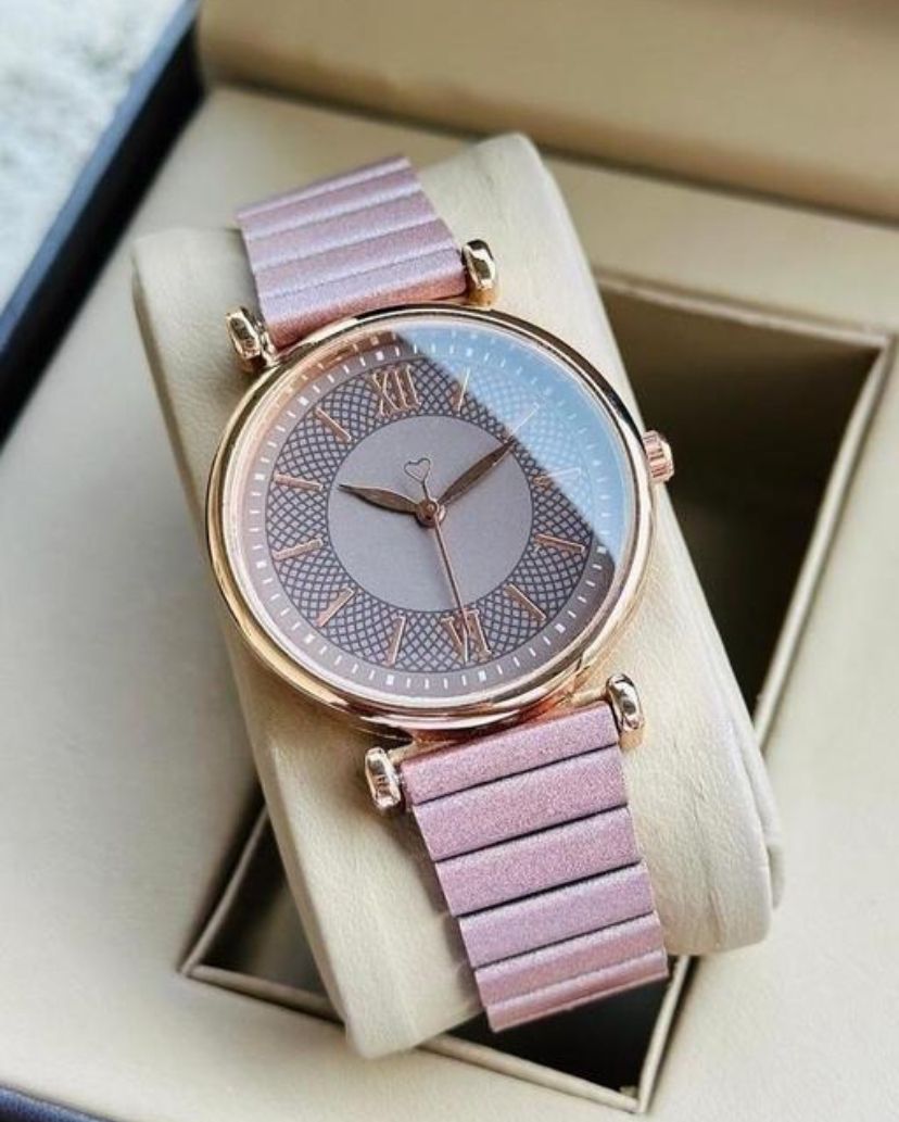 Rose Gold Pink Dial Roman Numeral Quartz Analog Watch
