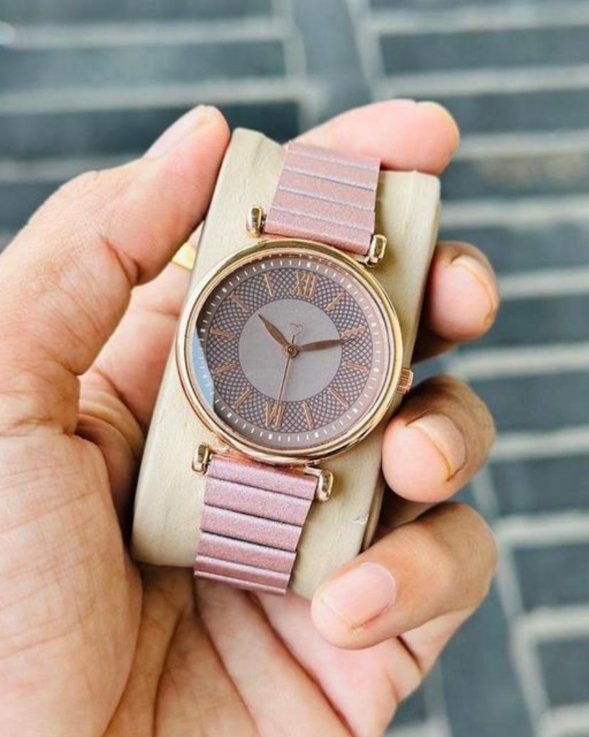Rose Gold Pink Dial Roman Numeral Quartz Analog Watch